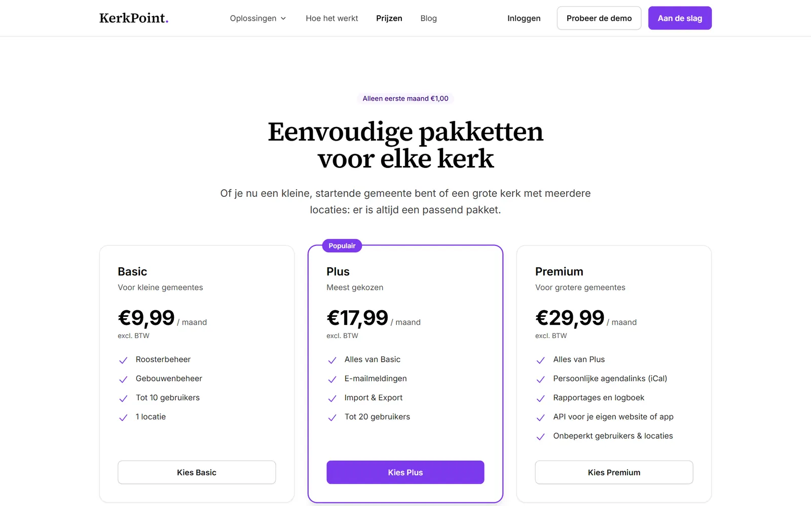 Prijzenpagina van KerkPoint met drie pakketten