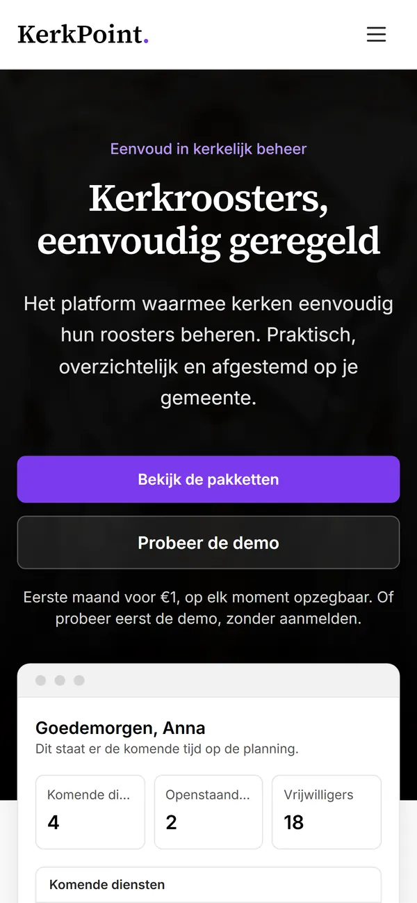 De website van KerkPoint op een telefoon