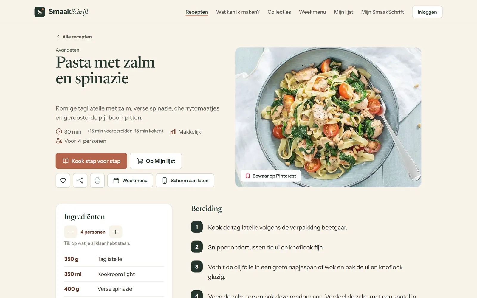 Receptpagina van SmaakSchrift met ingrediënten, porties en bereiding