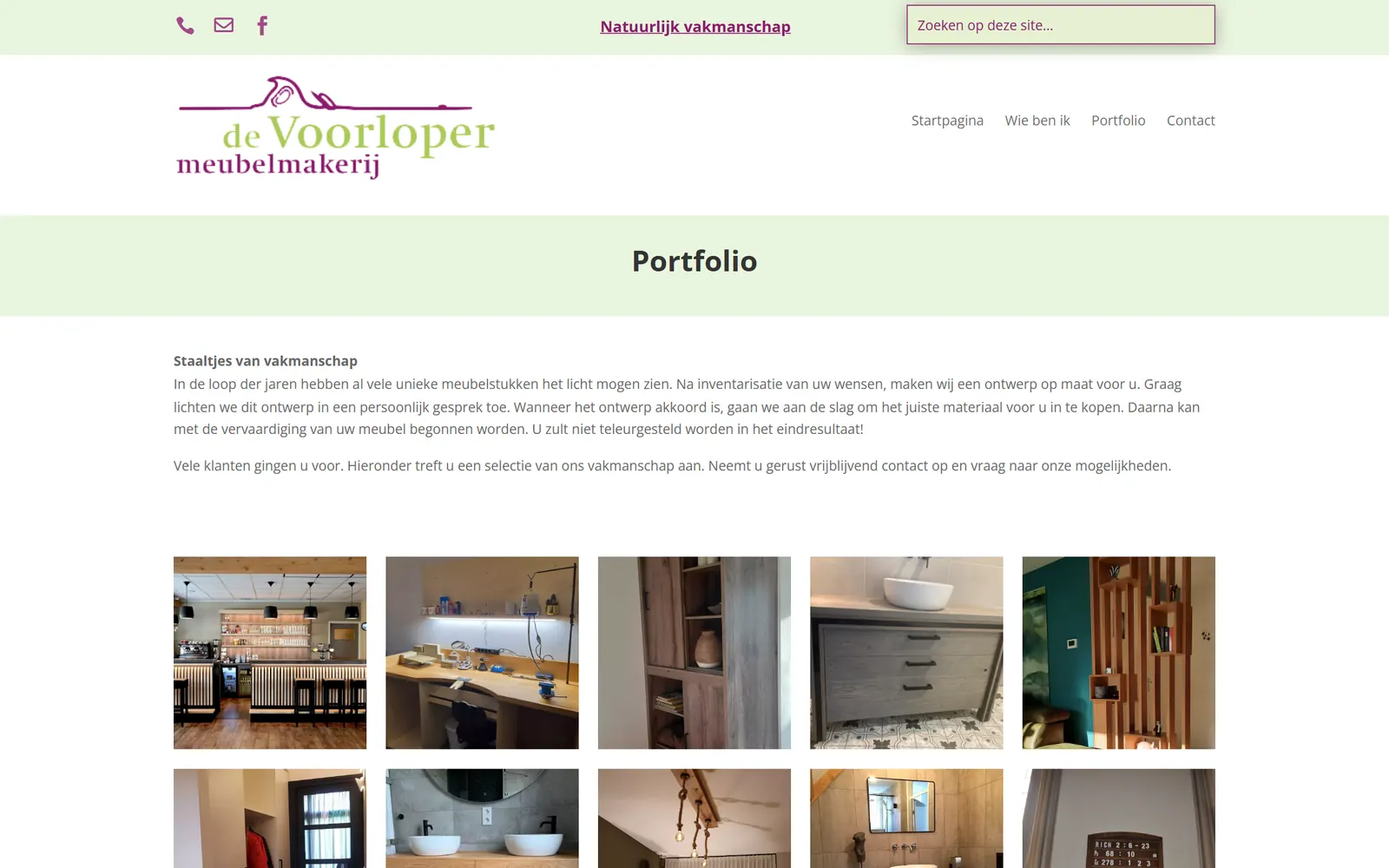 Portfoliopagina met projectfoto’s van de meubelmakerij