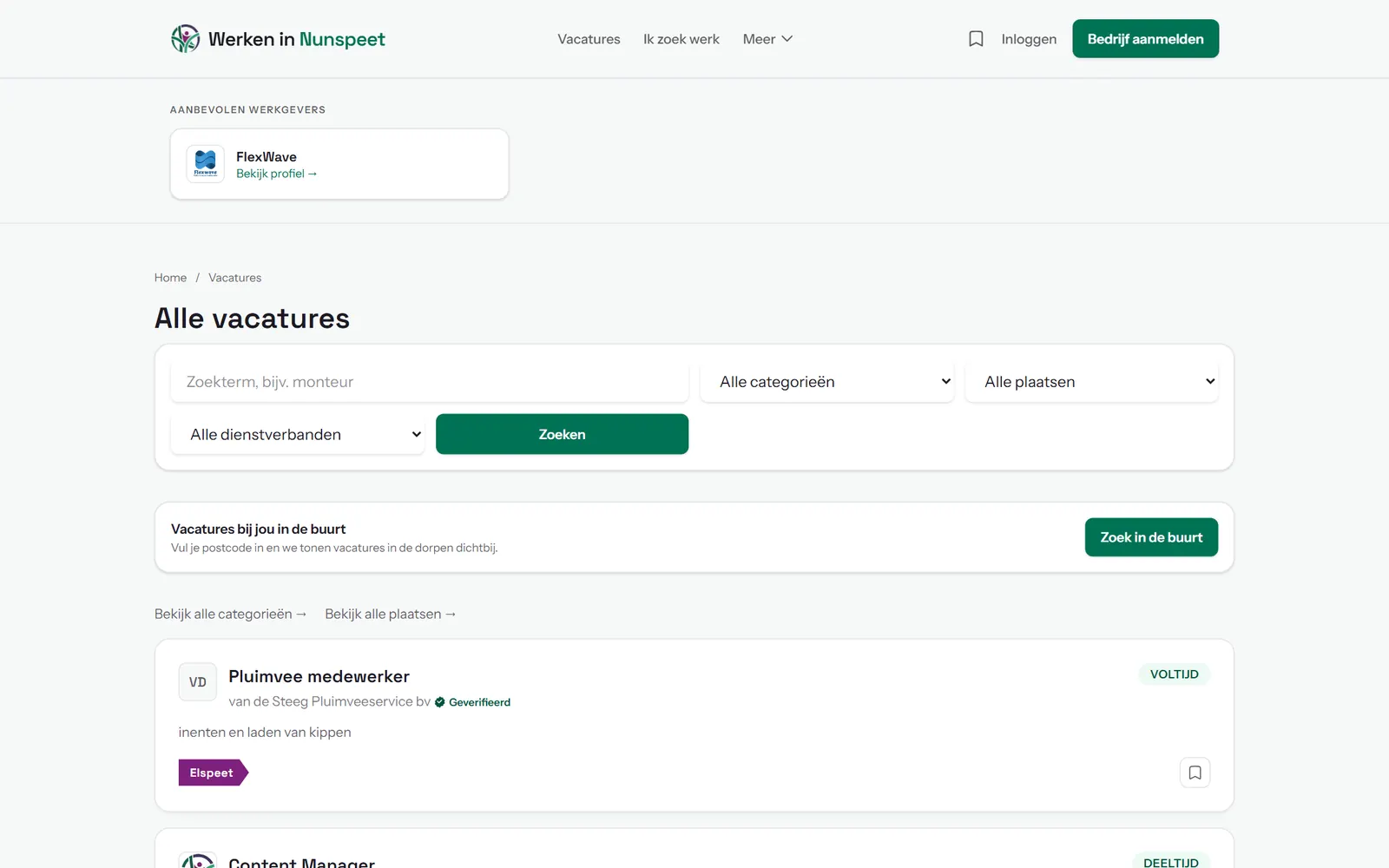 Vacatureoverzicht met zoeken op functie, categorie en plaats
