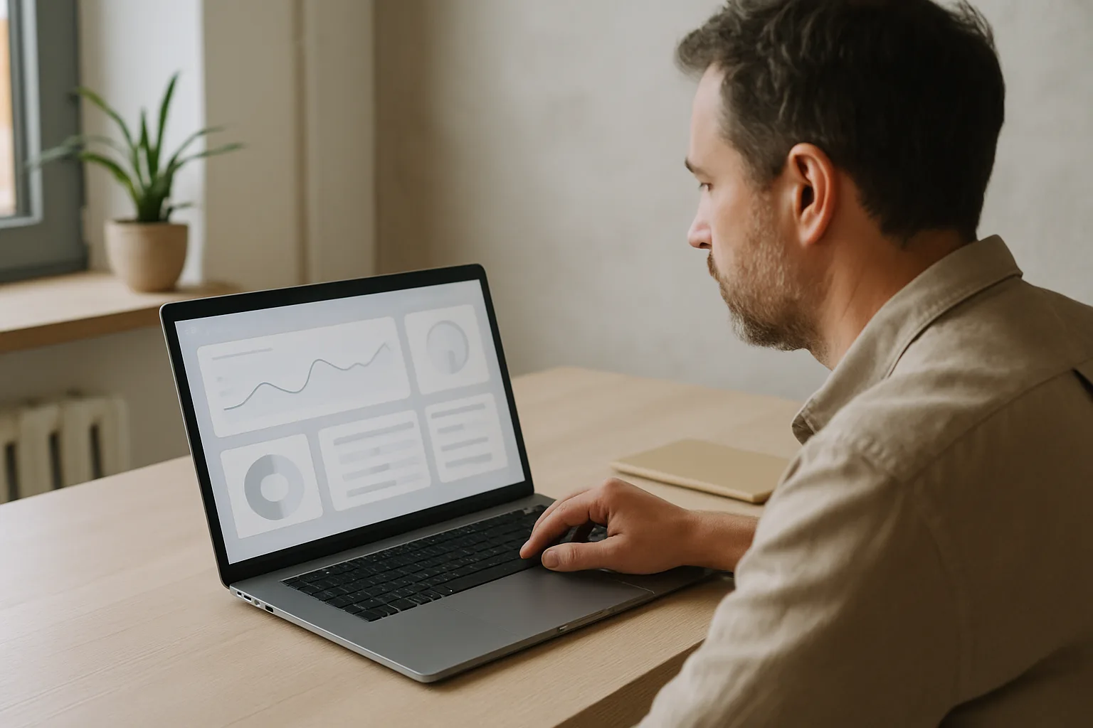 Ondernemer bekijkt een webapplicatie op een laptop in een moderne werkruimte