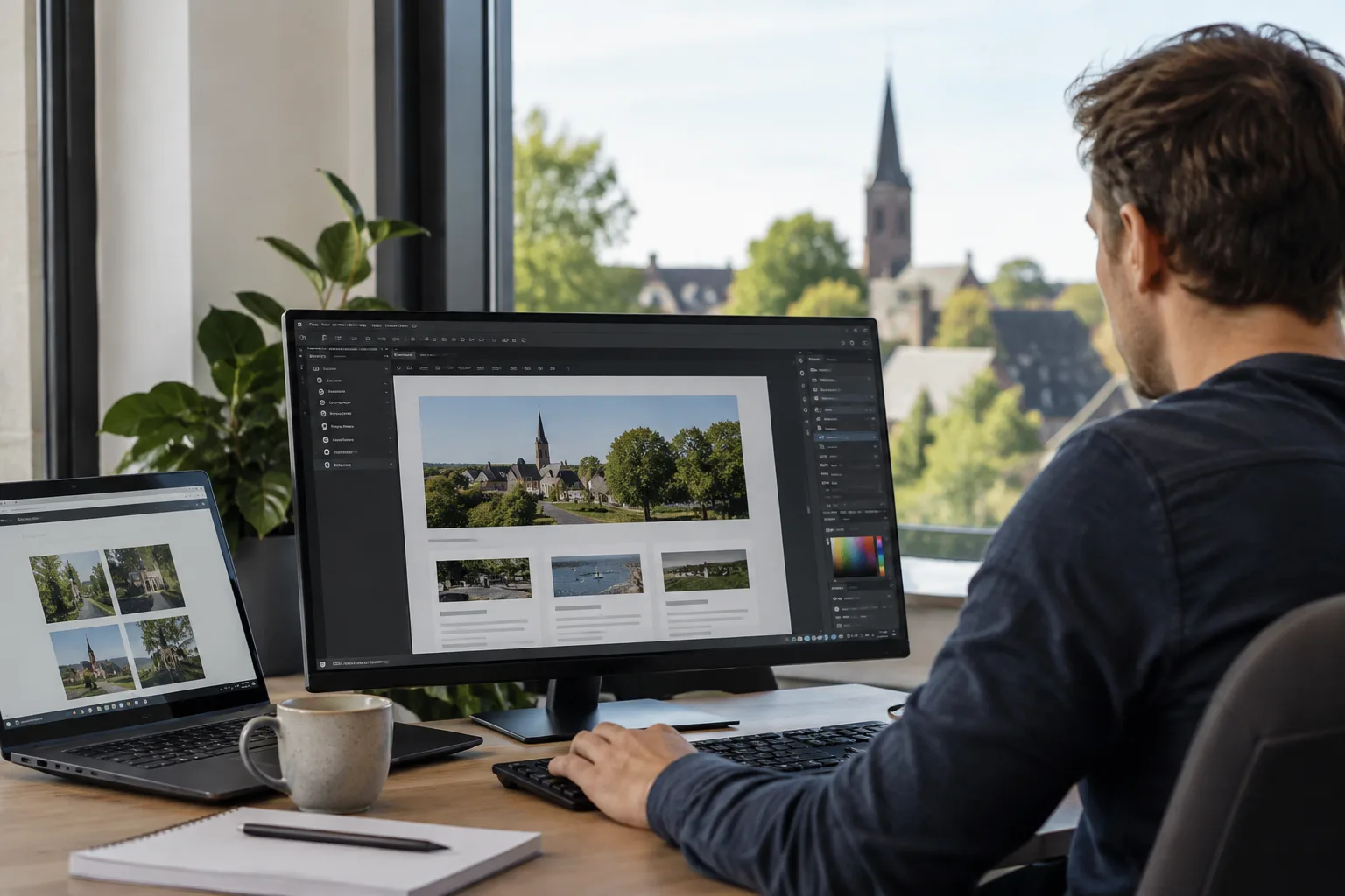 Ondernemer bekijkt een zakelijke website op een laptop in een lichte werkruimte