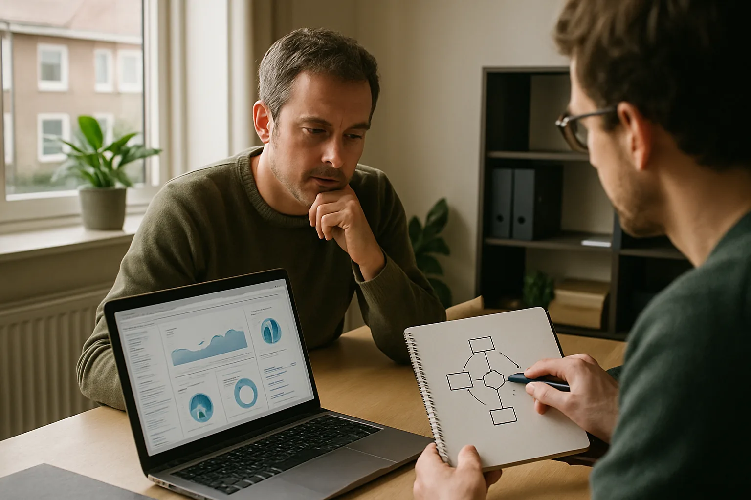 Ondernemer en webontwikkelaar bespreken een dashboard en de koppeling tussen softwaresystemen
